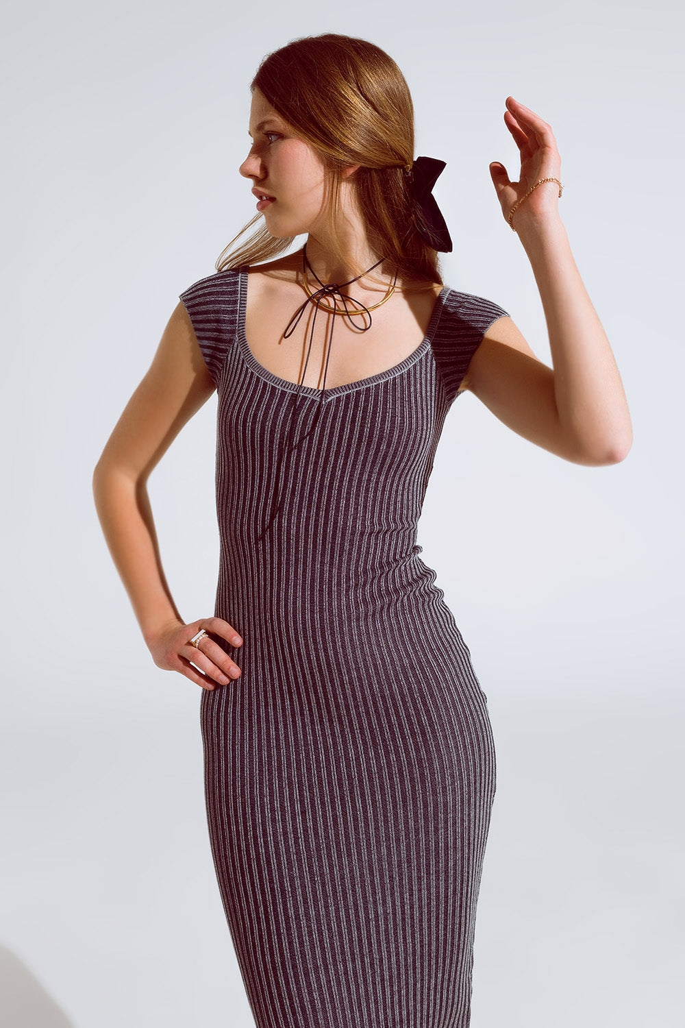 Black Midi Thick Rib Bodycon Dress With Cap Sleeves - dress