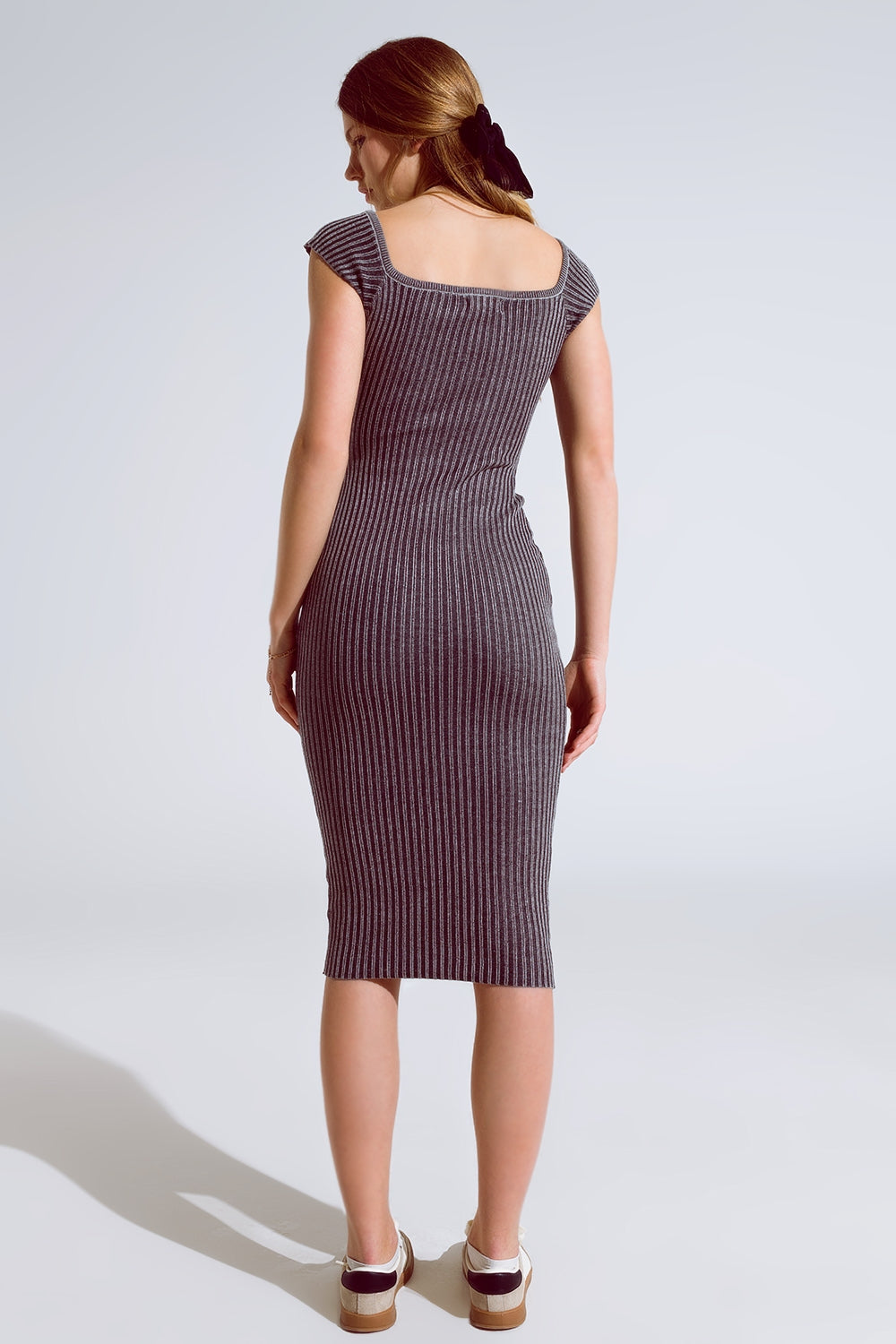 Black Midi Thick Rib Bodycon Dress With Cap Sleeves - dress