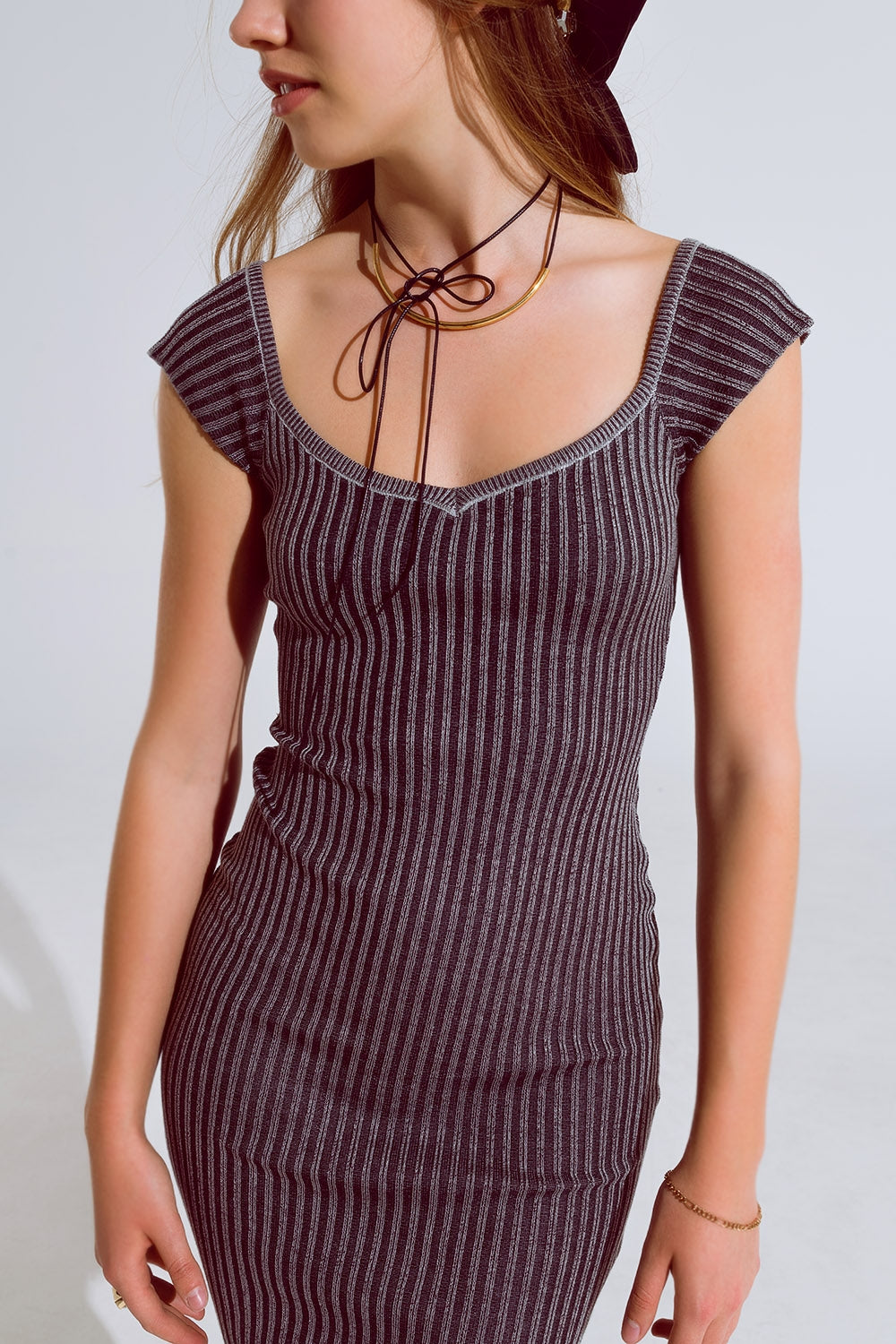 Black Midi Thick Rib Bodycon Dress With Cap Sleeves - dress