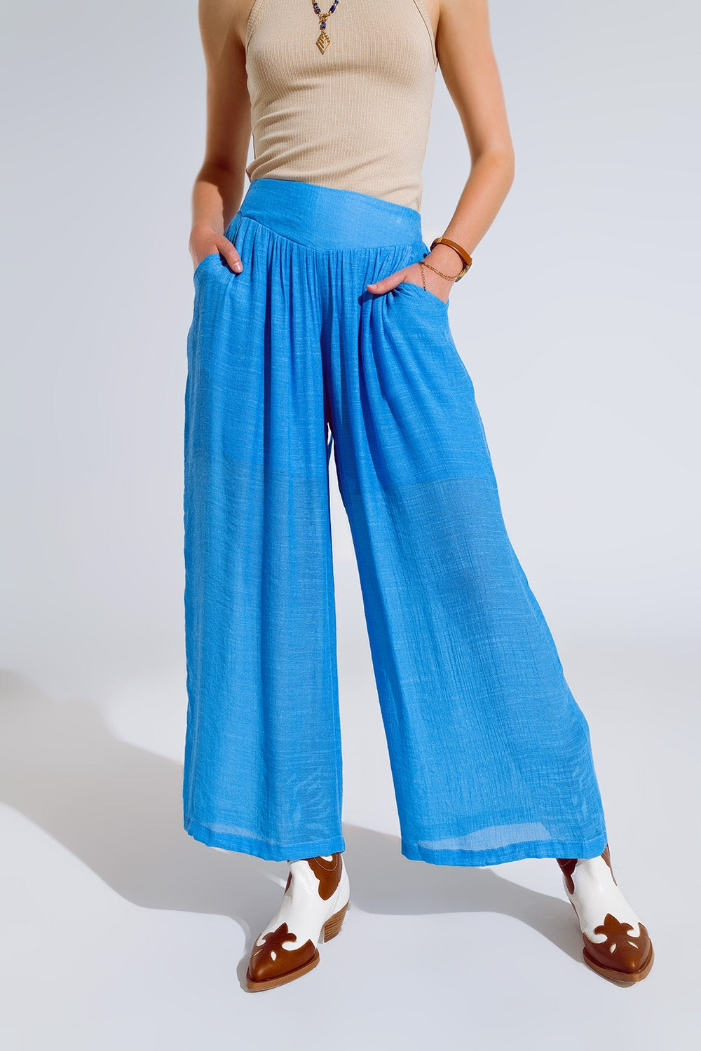Blue Palazzo style Pants With Side Pockets And Thick Waist Band - trousers