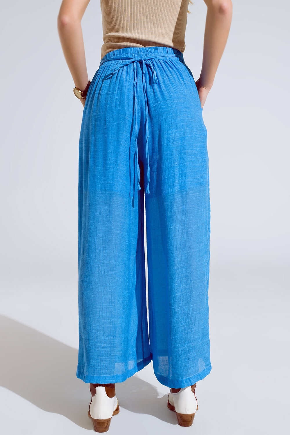 Blue Palazzo style Pants With Side Pockets And Thick Waist Band - trousers