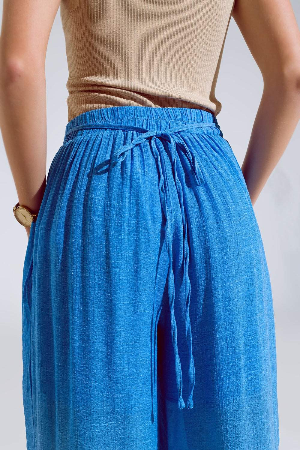 Blue Palazzo style Pants With Side Pockets And Thick Waist Band - trousers