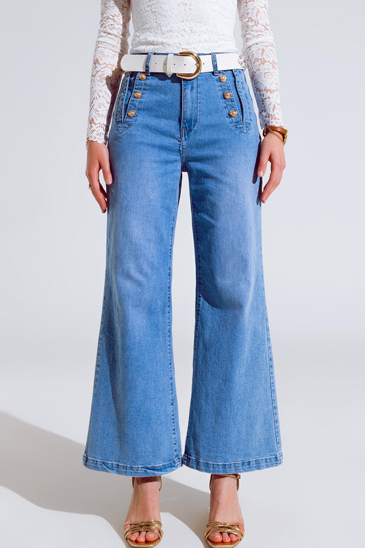 Straight Flared Jeans In Washed Blue With Button Detail - Denim
