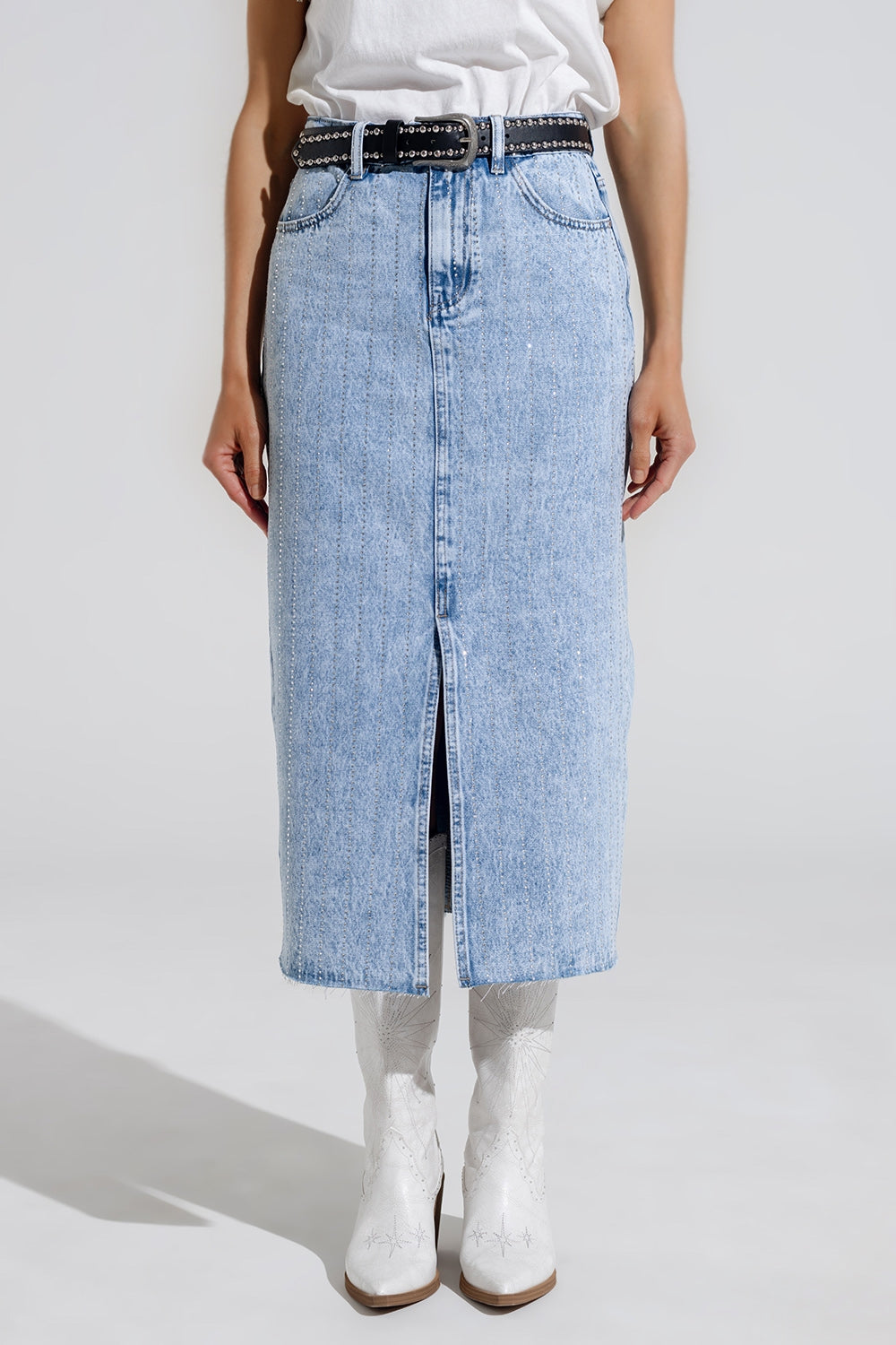 Light Denim Midi Skirt With Front Slit And Diamante Embellishment
