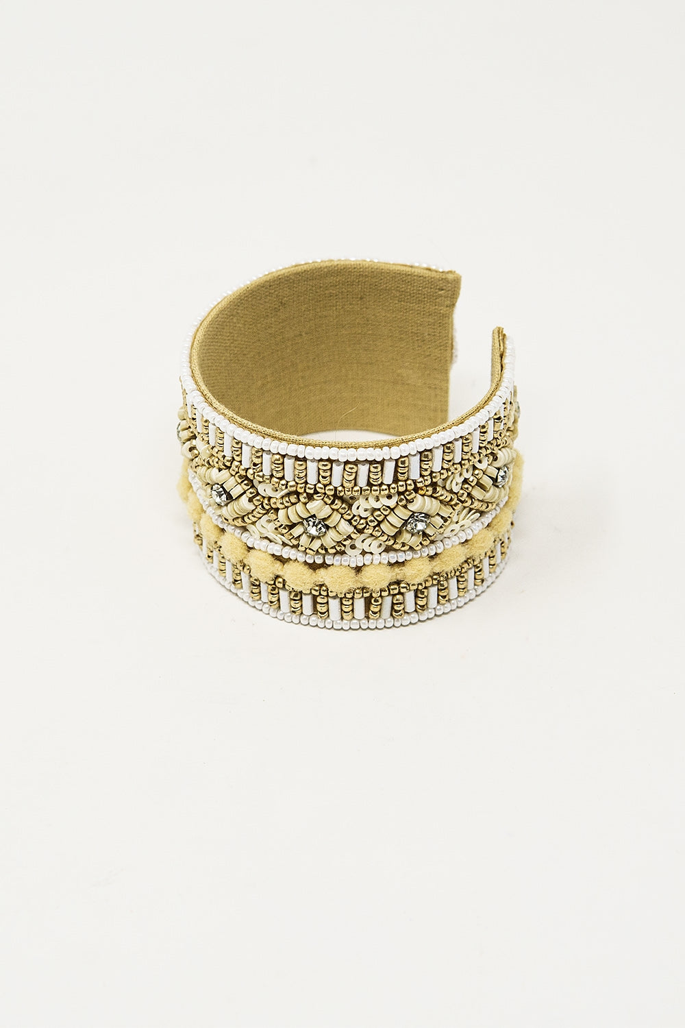 Cream Open Bracelet With Embellishments In White And Beige