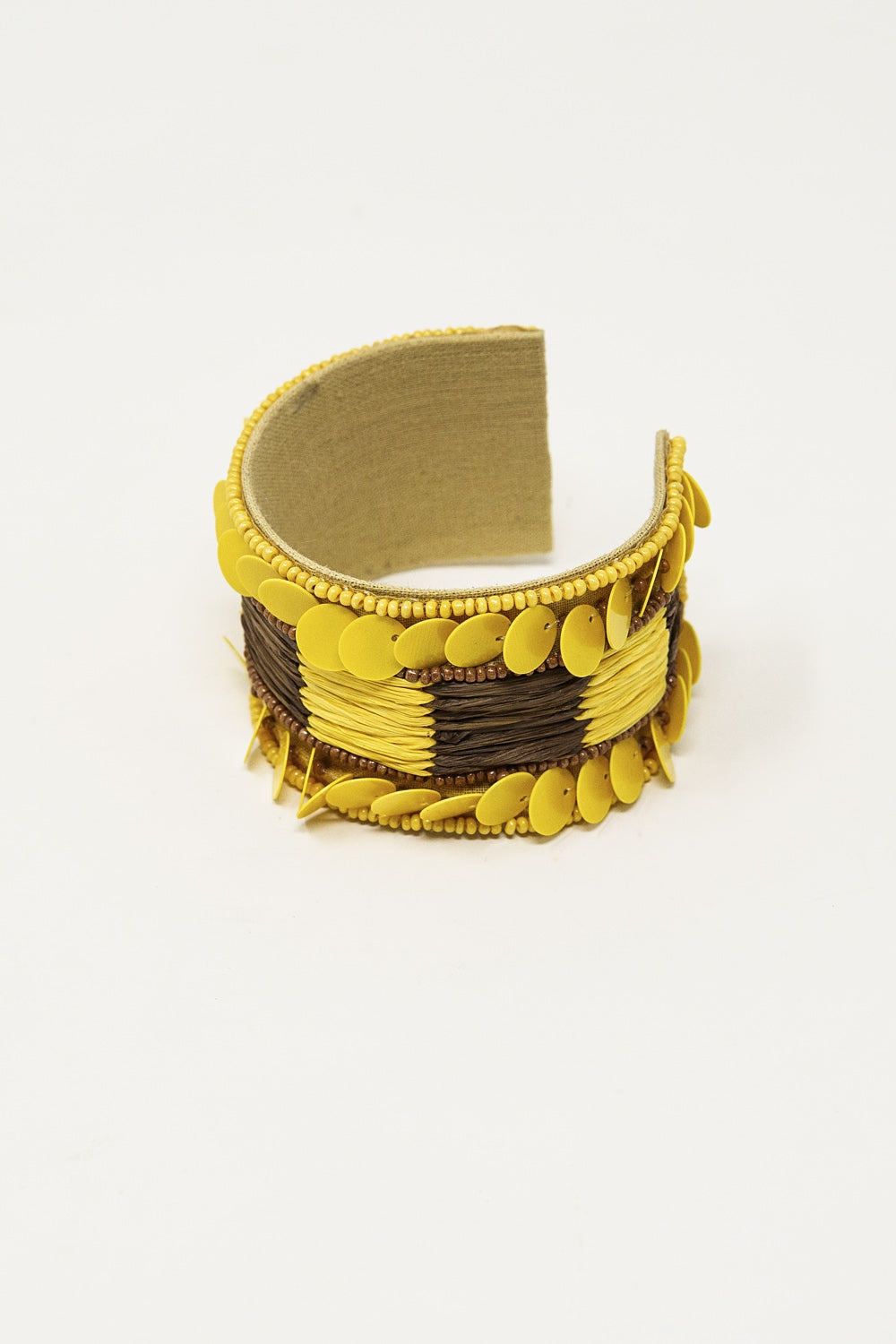 Yellow and Brown Thick Open Bracelet Wtih Yellow Bead Accents