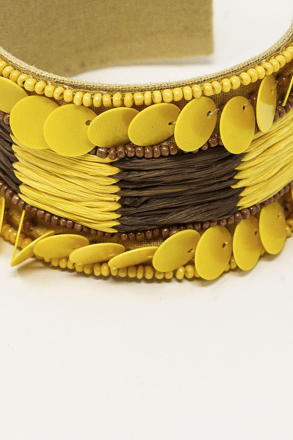 Yellow and Brown Thick Open Bracelet Wtih Yellow Bead Accents