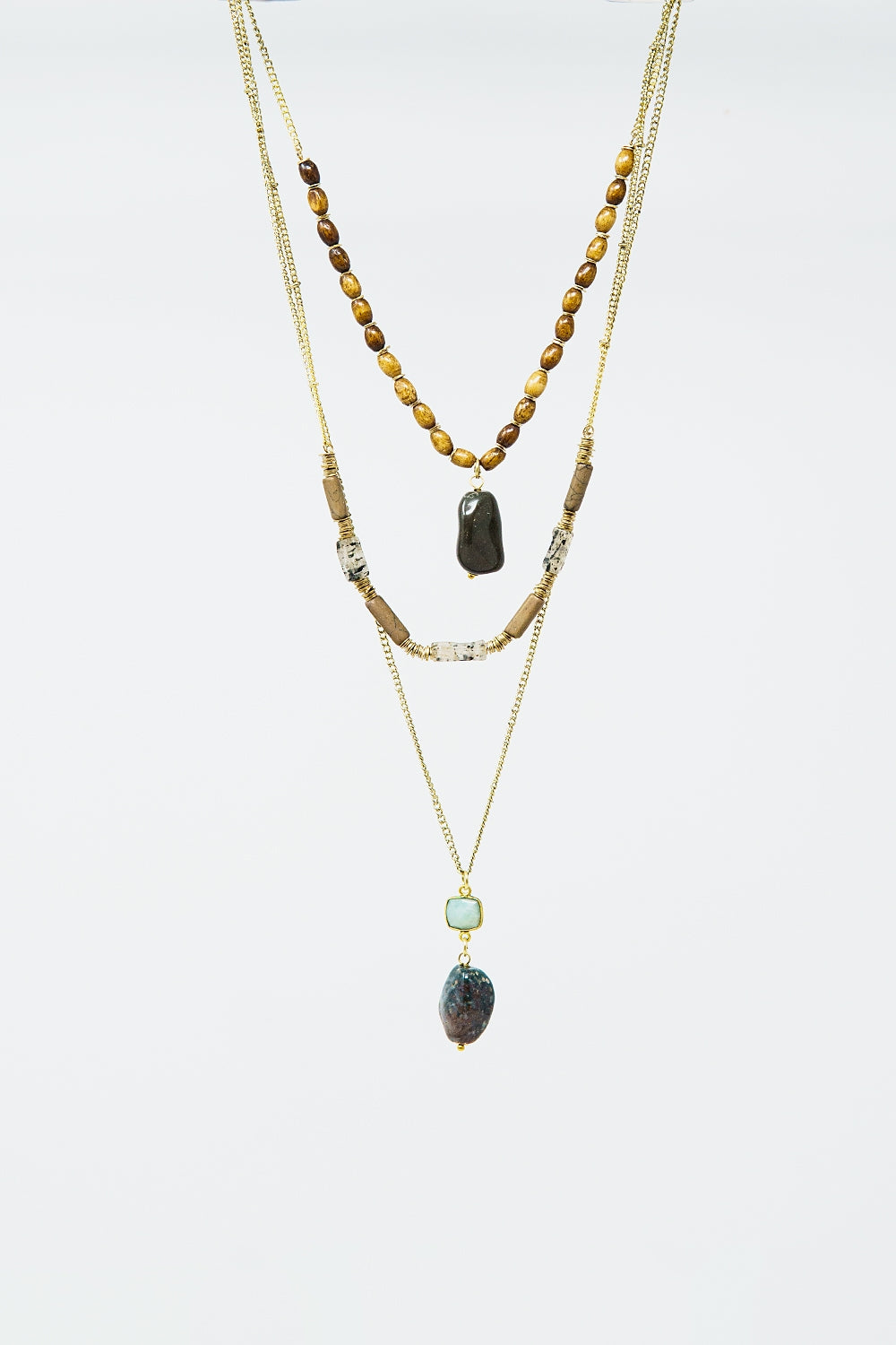 Ethnic 3 in 1 Necklace With Large Stones and Natural Beads