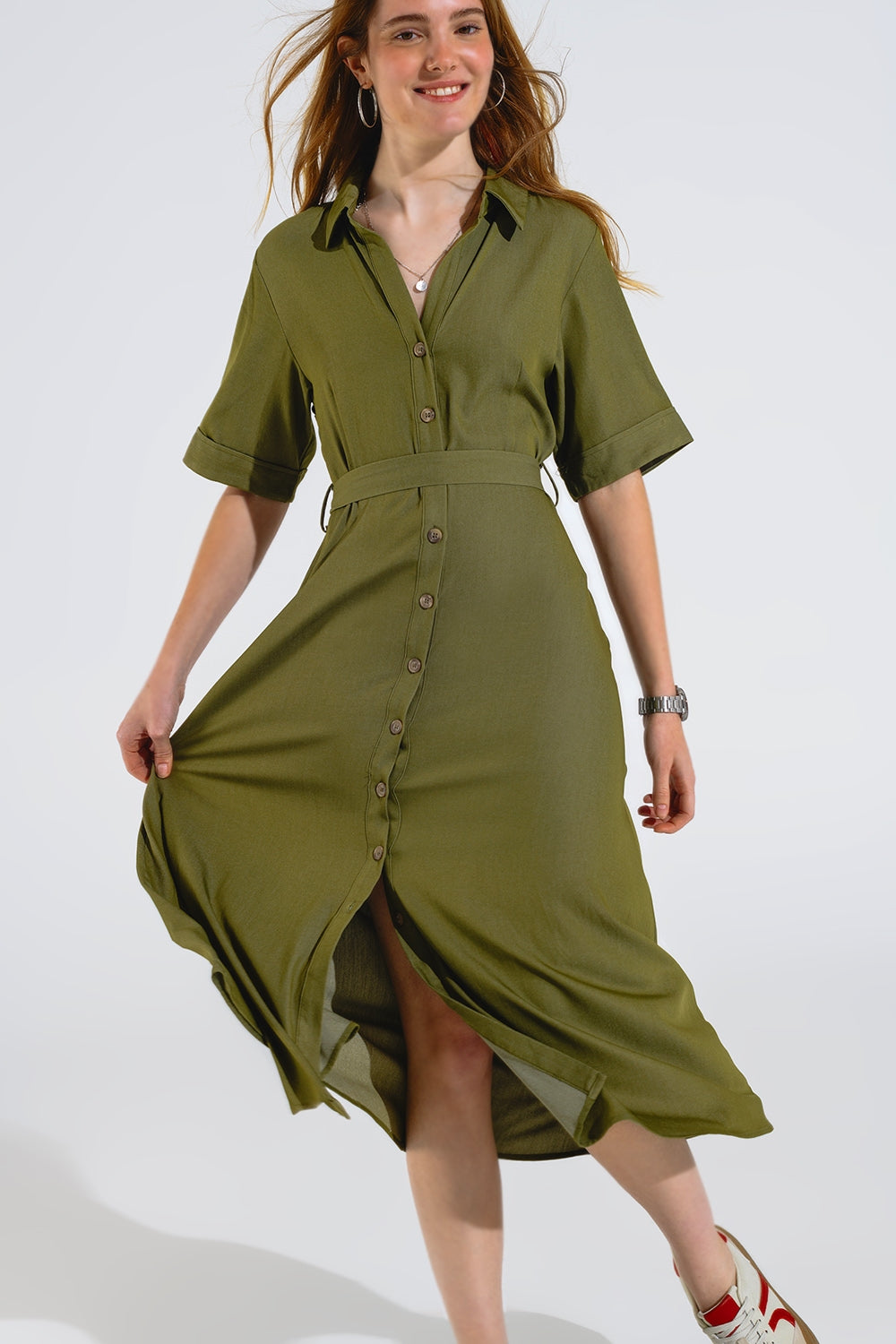 Green Maxi Shirt Dress With Polo Collar - dress