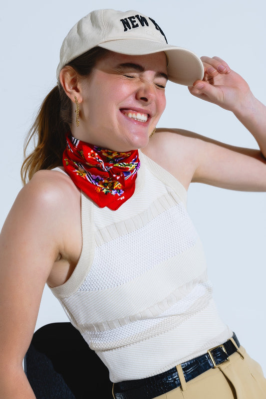 Beige Halter Tank top With Stripe Design In Different Knits - top, jumper