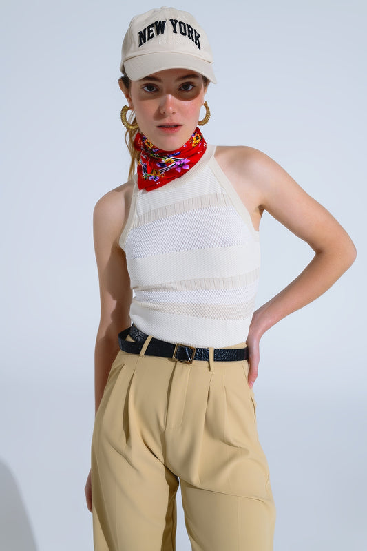 Beige Halter Tank top With Stripe Design In Different Knits - top, jumper