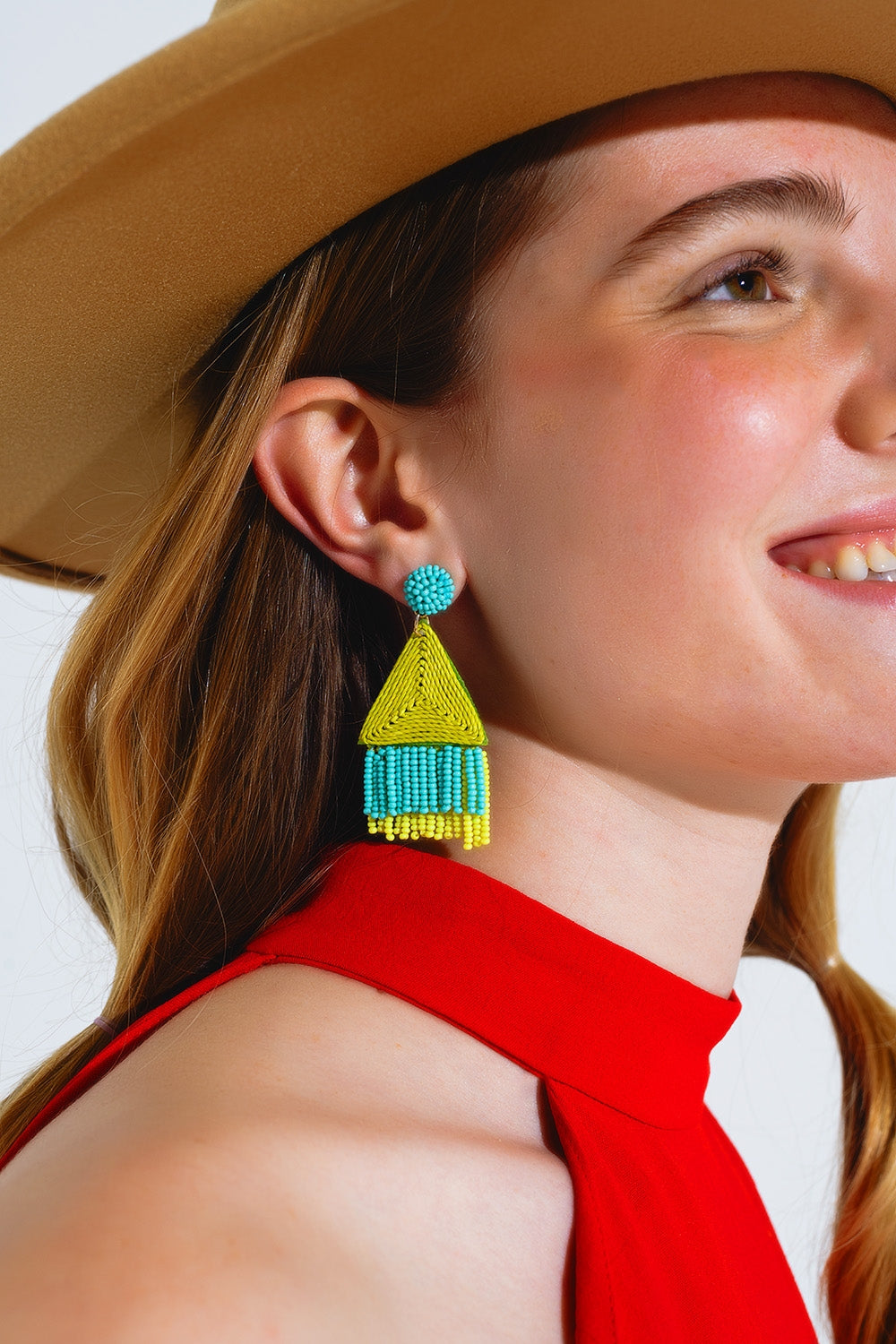 Turquoise Drop Earings With Lime Pyramid and Fringe
