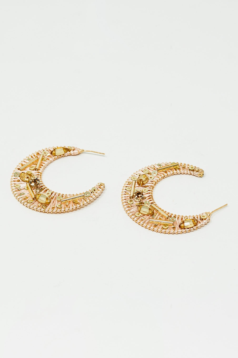 Beige Big Round Wocen Earrings With Gold Embellishments