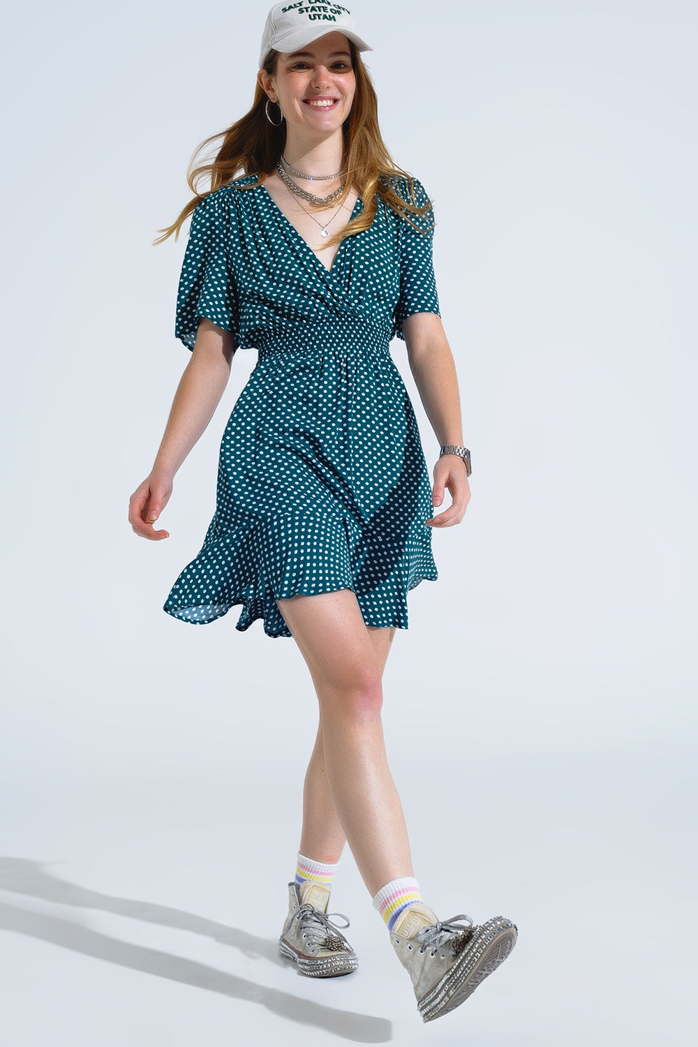 Green Mini Dress With Wrap Front Cinched Waist And Floral Print - dress