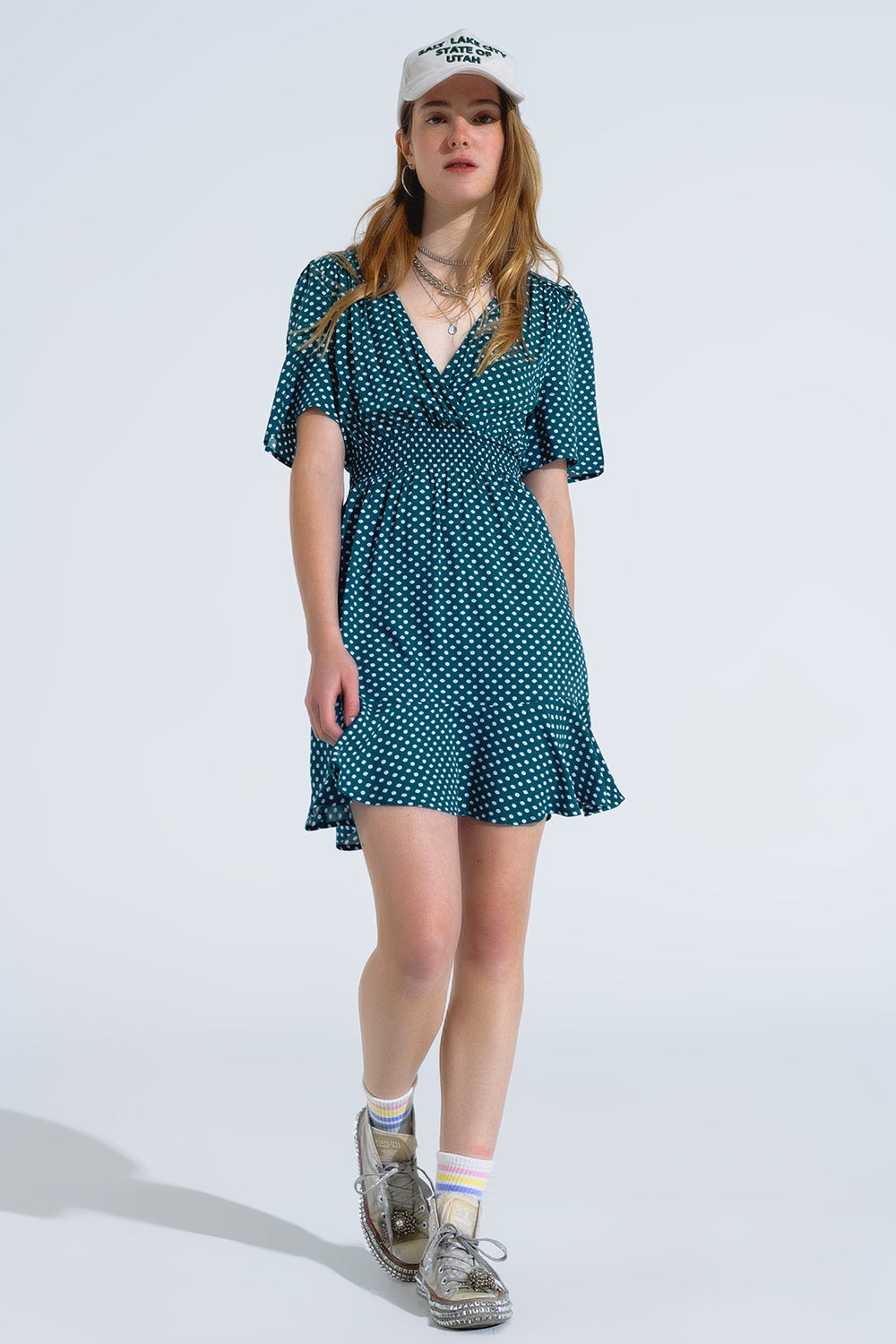 Green Mini Dress With Wrap Front Cinched Waist And Floral Print - dress