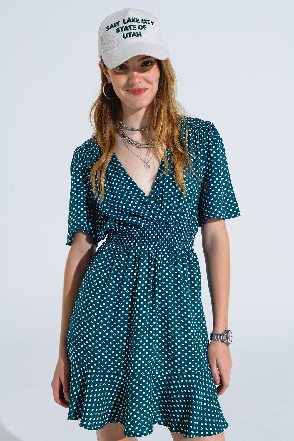 Green Mini Dress With Wrap Front Cinched Waist And Floral Print - dress