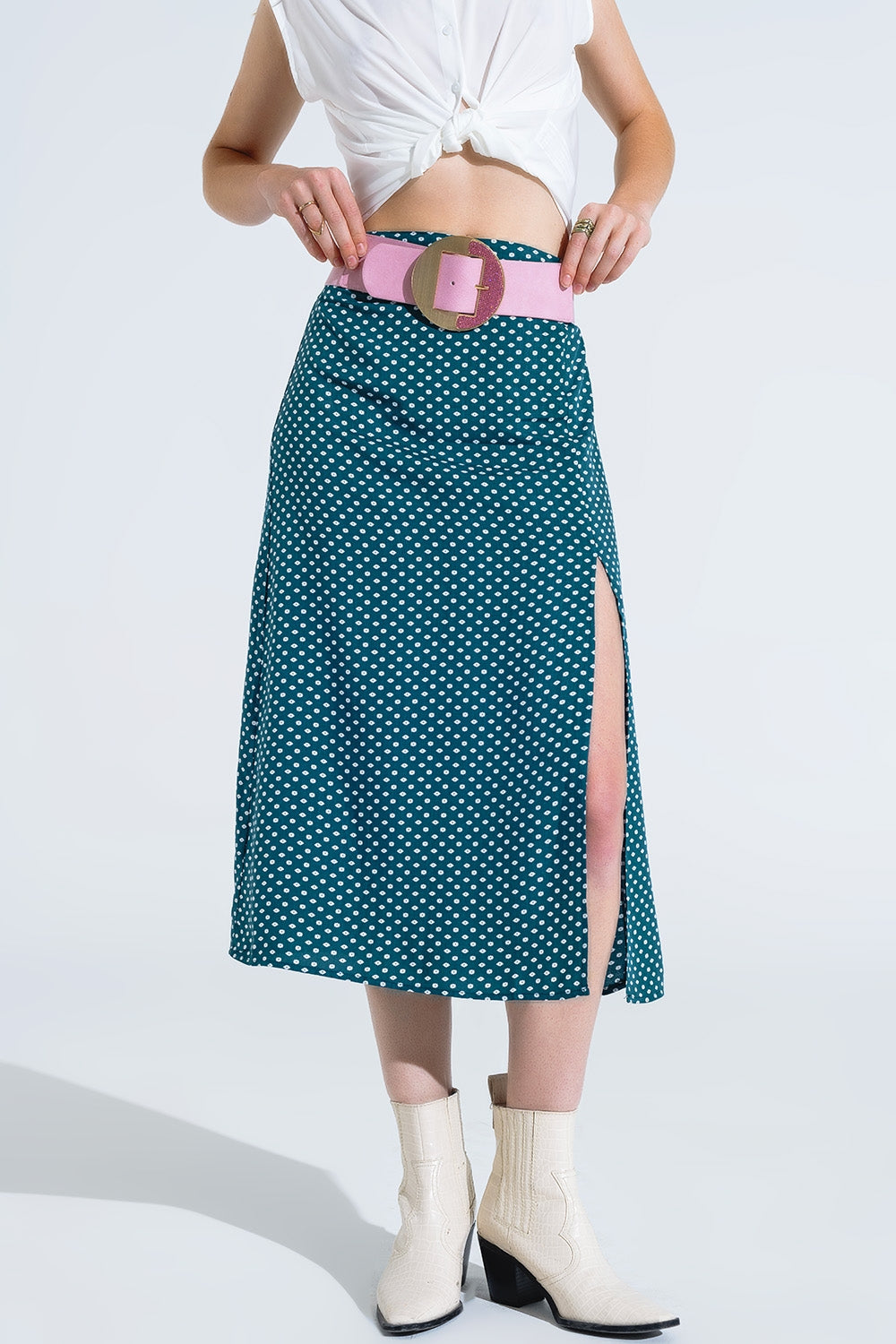 Maxi Skirt in Green With Flower Print and Side Slit