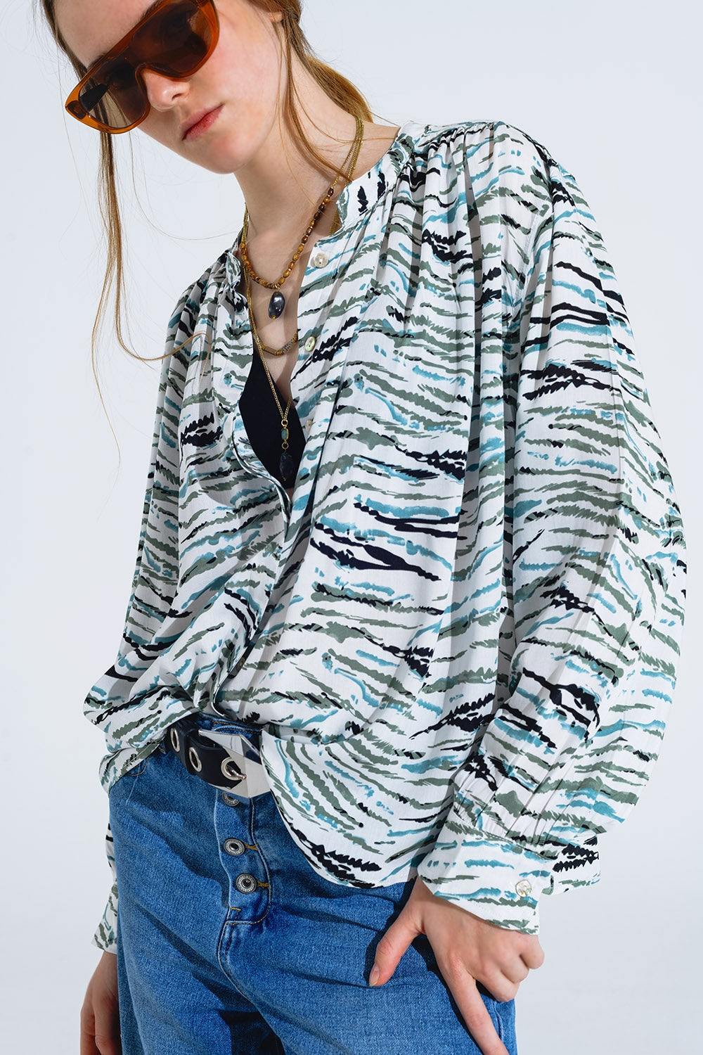 White Blouse With Green Animal Print And Long Sleeves - Shirts