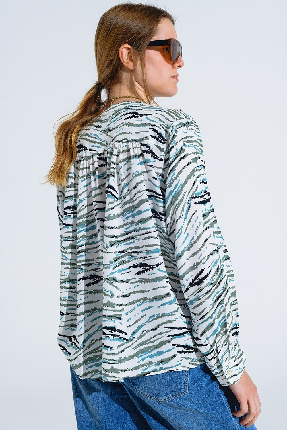 White Blouse With Green Animal Print And Long Sleeves - Shirts