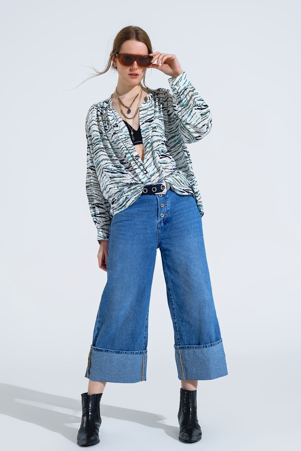 White Blouse With Green Animal Print And Long Sleeves - Shirts