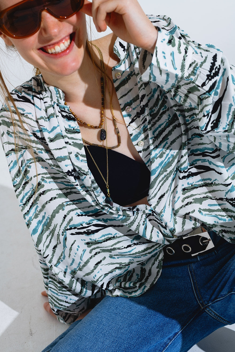 White Blouse With Green Animal Print And Long Sleeves - Shirts