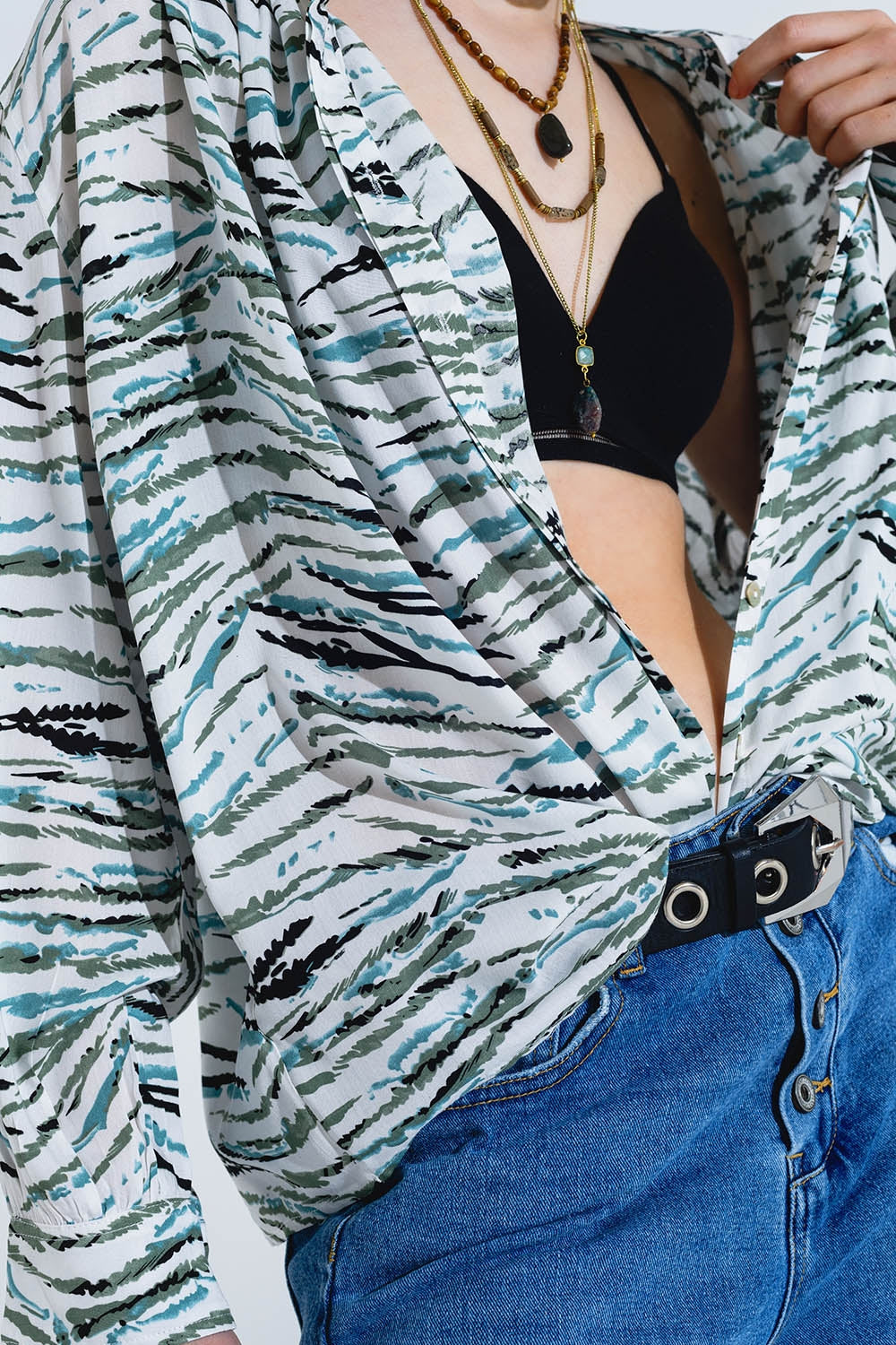 White Blouse With Green Animal Print And Long Sleeves - Shirts
