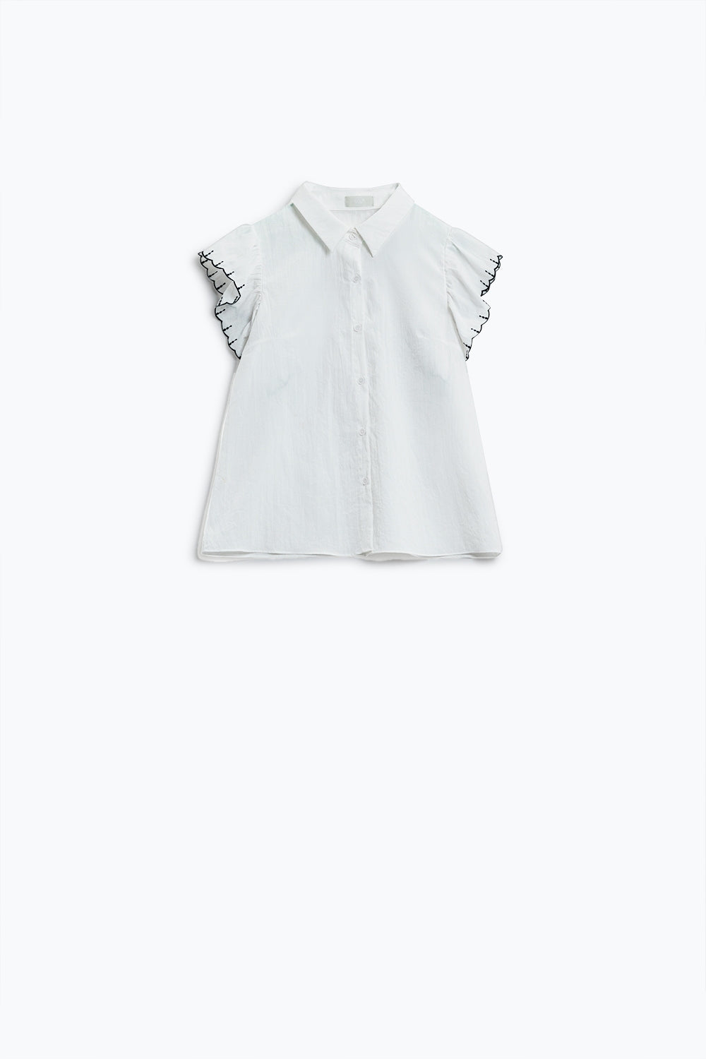 White Button Up Shirt With Polo Collar And Ruffled Sleeves With Black Trim - Shirts