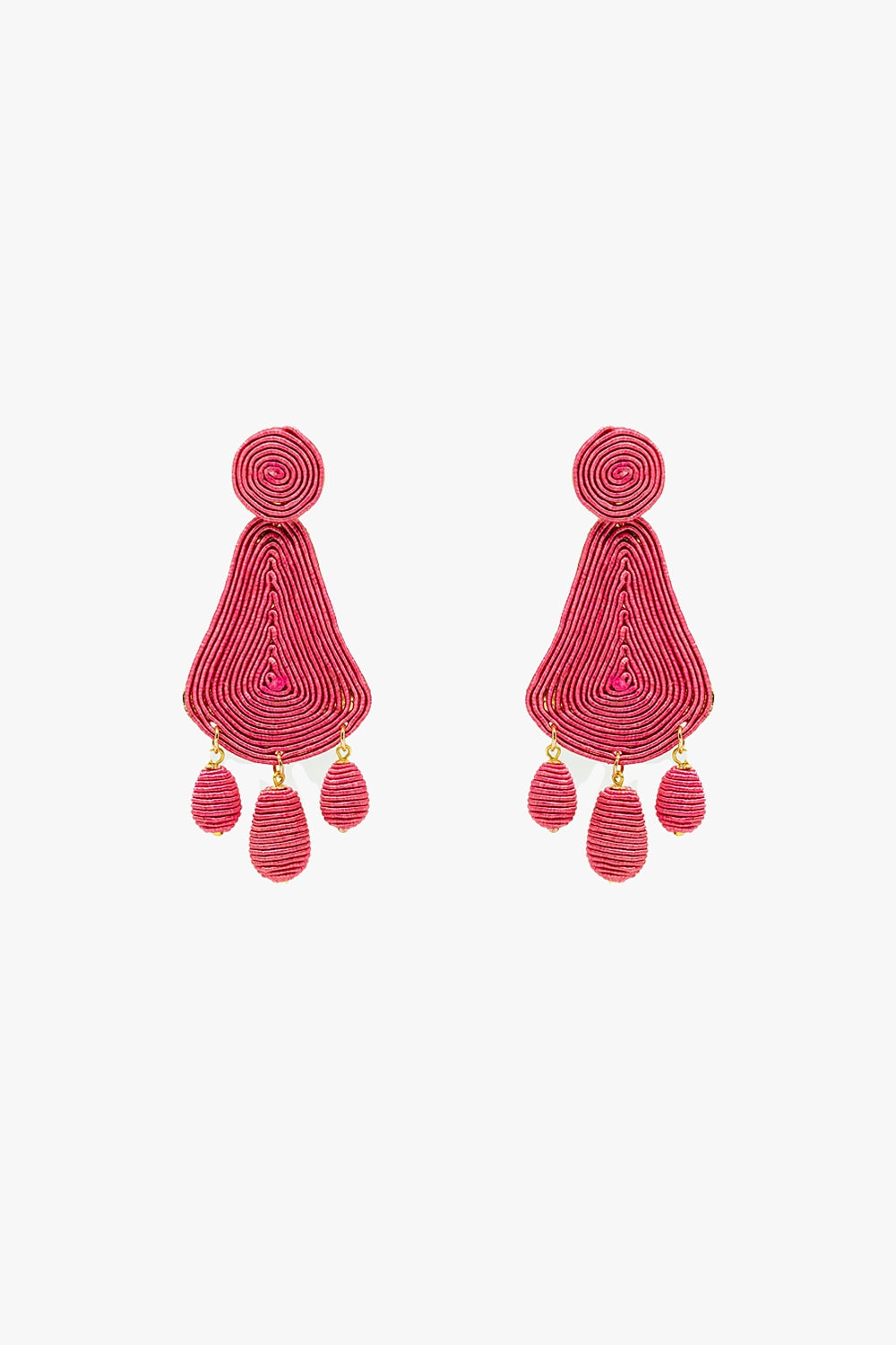 Tear drop Rafia Earrings With Oval Beads In Fuchsia