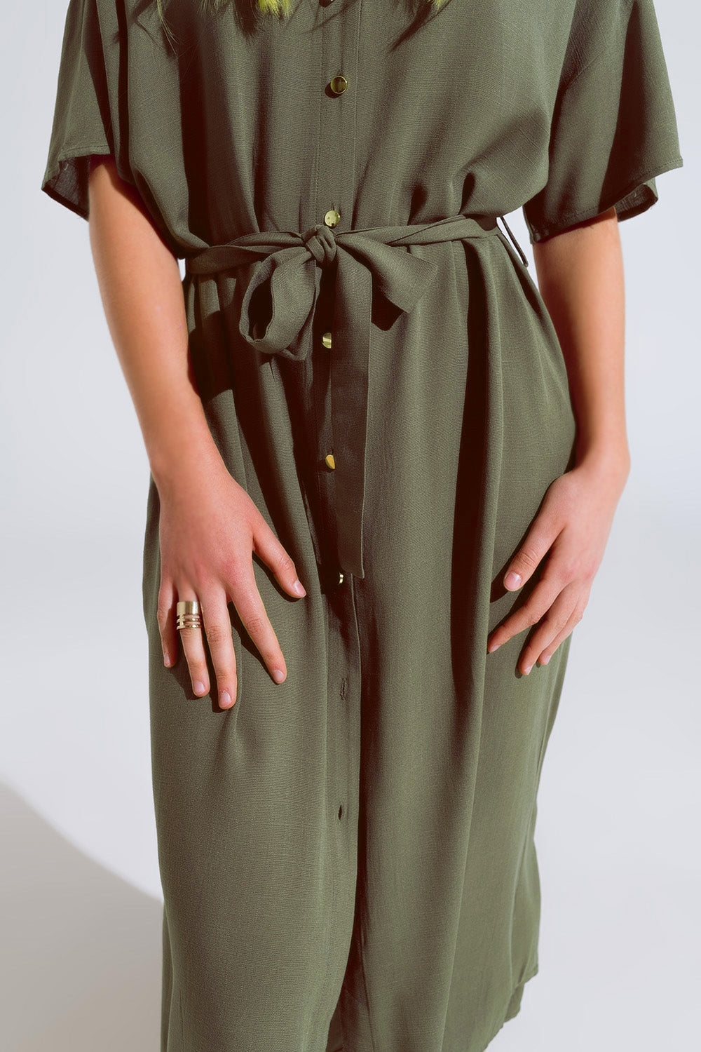 Khaki Midi Button Down Dress With Short Sleeves and Matching Belt - dress