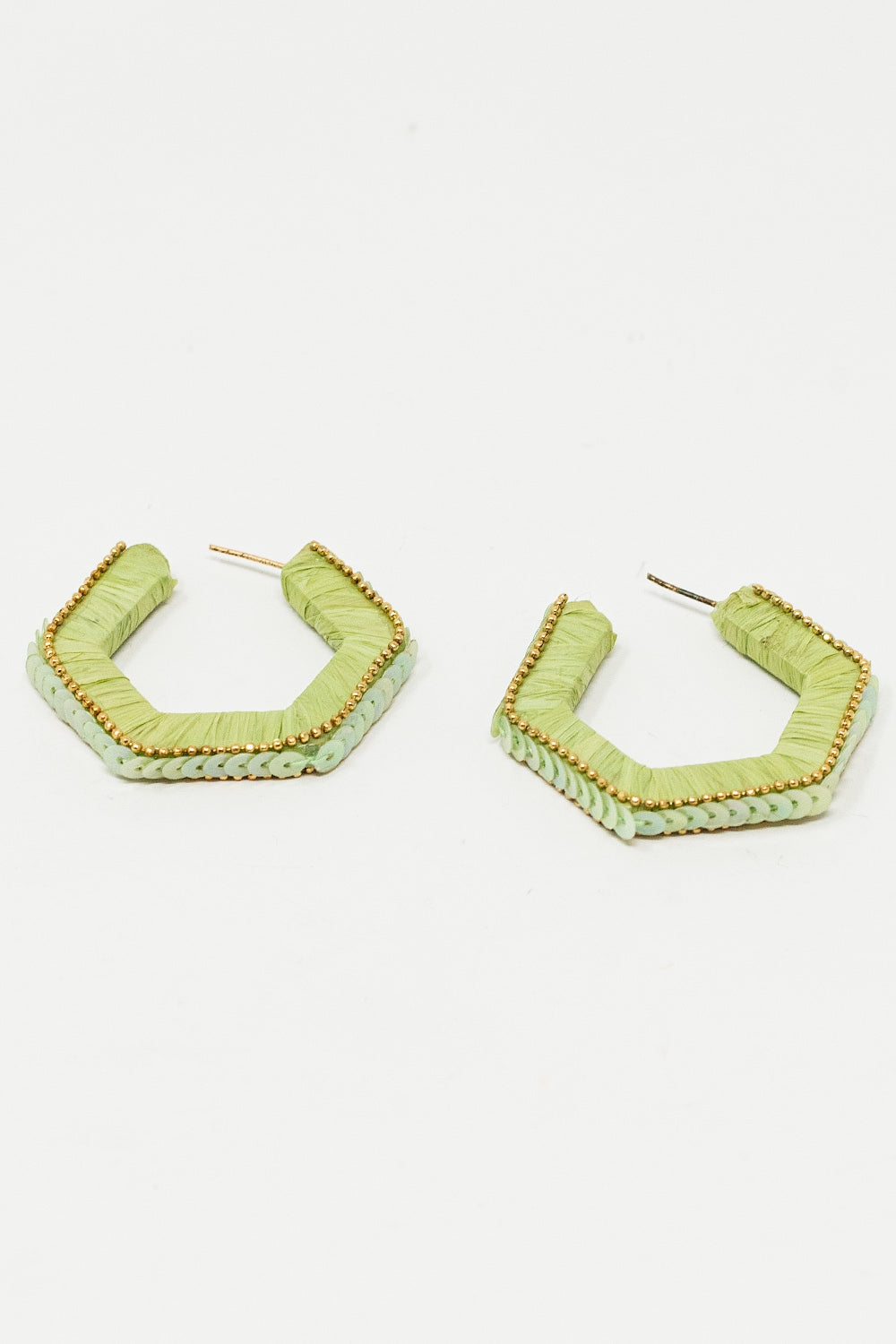 Green Hexagon Earrings With Golden Beads and Sequins