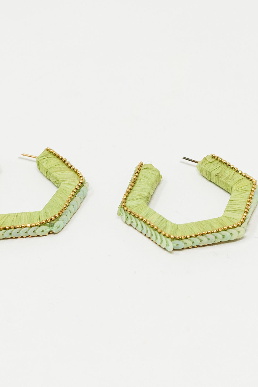 Green Hexagon Earrings With Golden Beads and Sequins