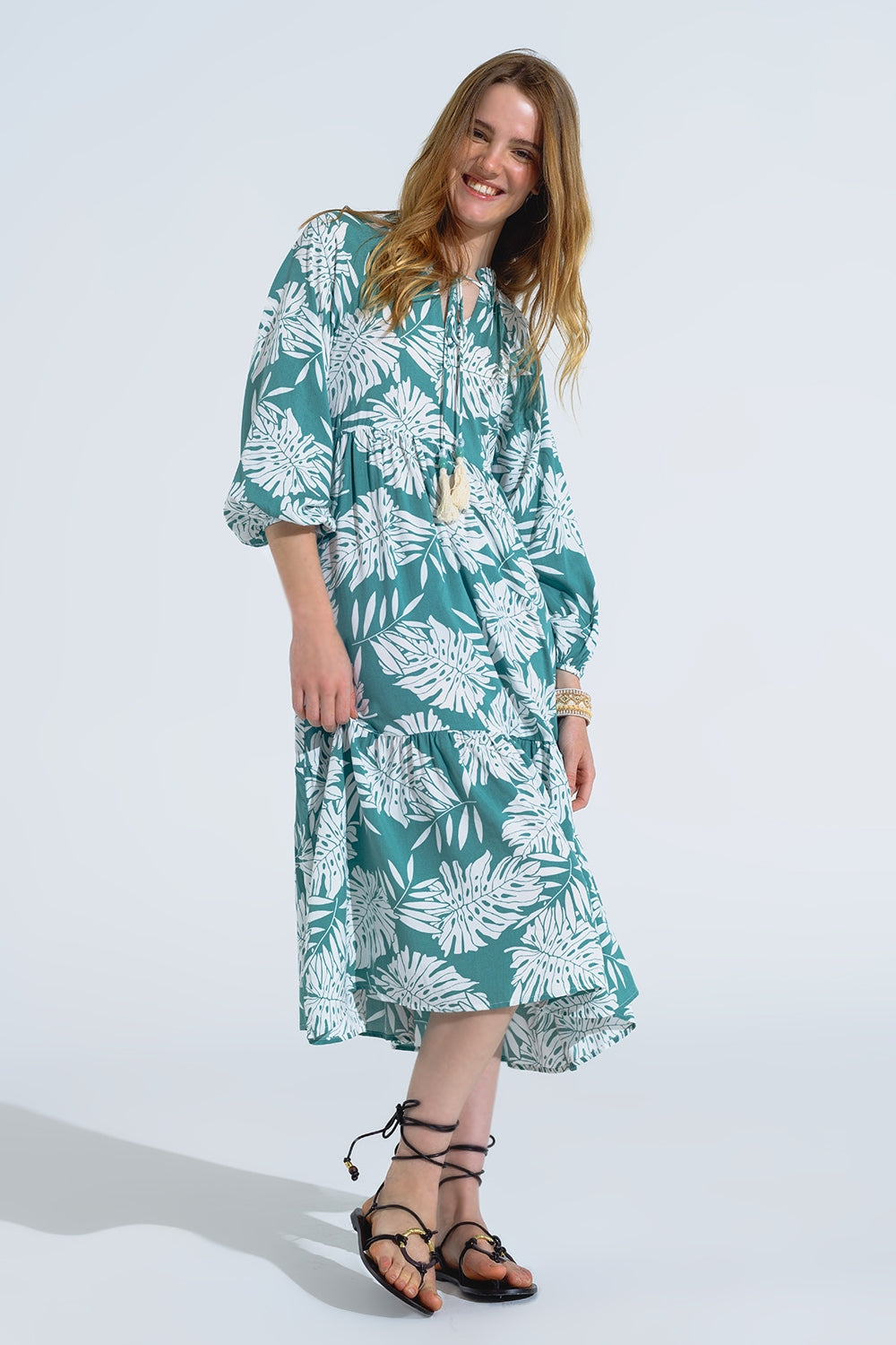 Boho Maxi Dress With Balloon Sleeves And Leaf Print In Green - dress