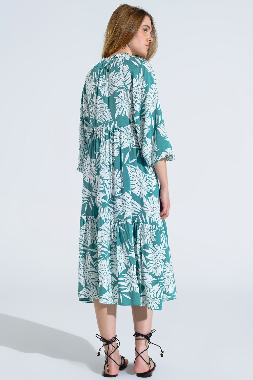 Boho Maxi Dress With Balloon Sleeves And Leaf Print In Green - dress