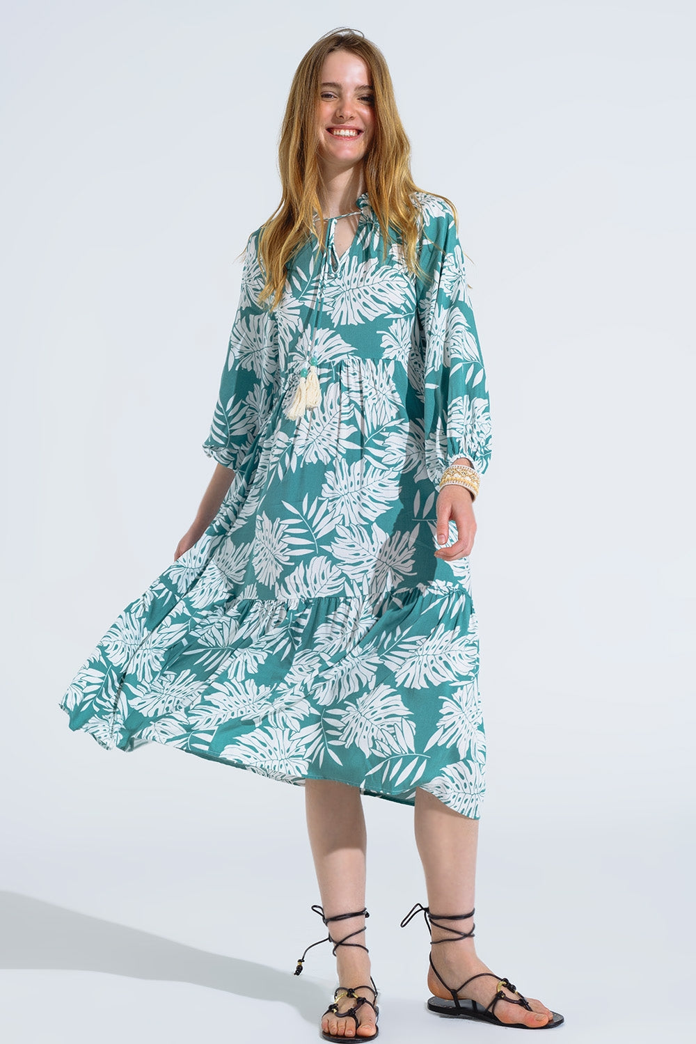 Boho Maxi Dress With Balloon Sleeves And Leaf Print In Green - dress