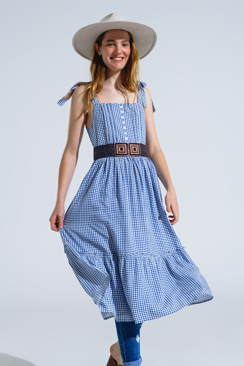 Blue and White Gingham A-line Dress With Adjustable Straps - dress