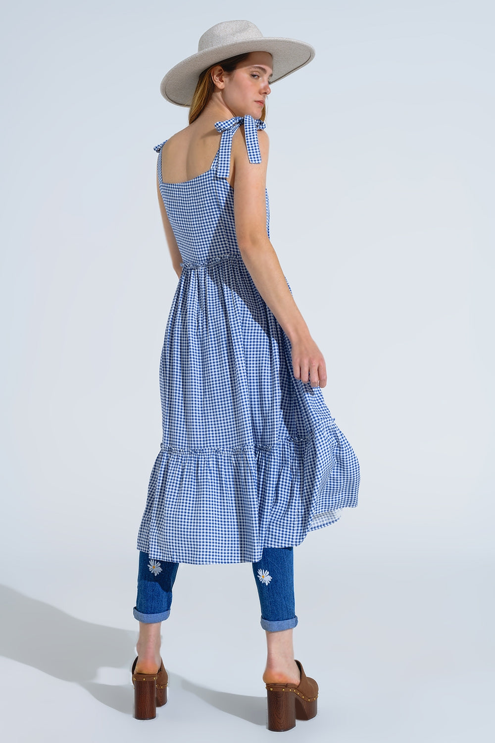 Blue and White Gingham A-line Dress With Adjustable Straps - dress