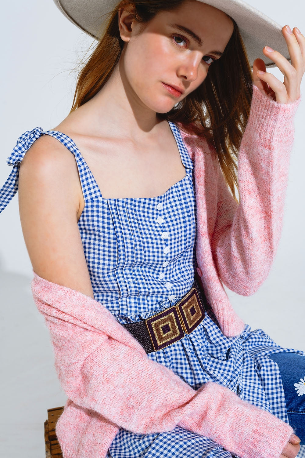 Blue and White Gingham A-line Dress With Adjustable Straps - dress