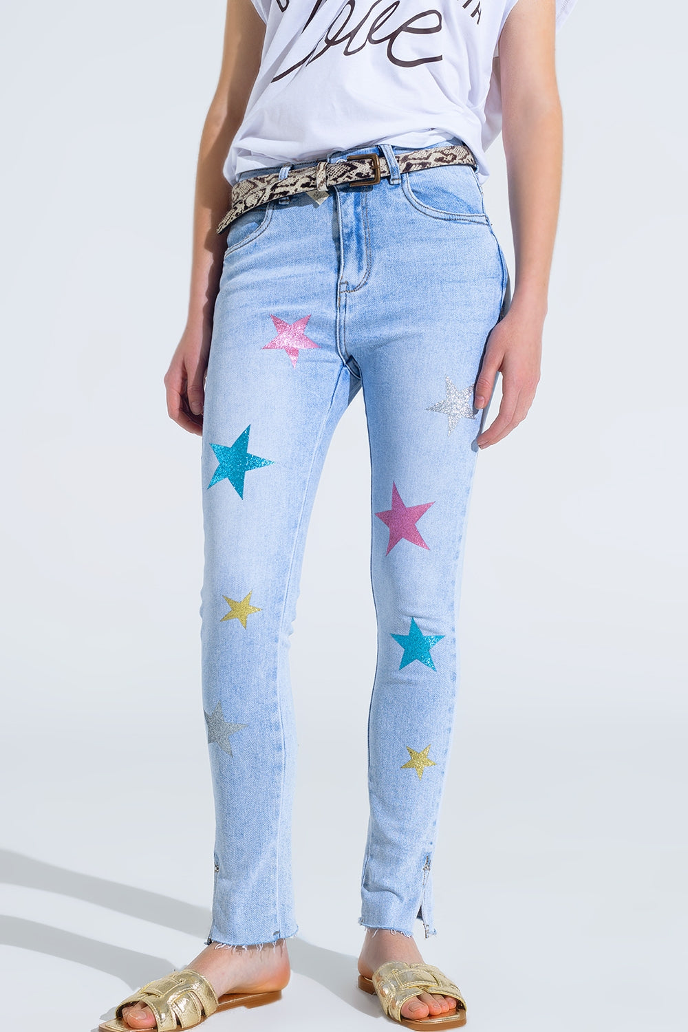 Light Wash Skinny Jeans With Stars On The Legs - Denim