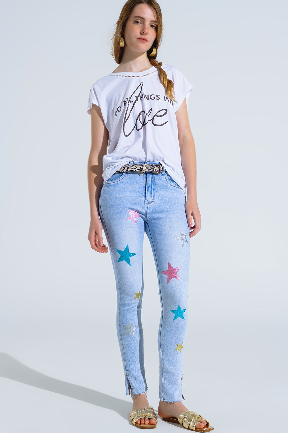 Light Wash Skinny Jeans With Stars On The Legs - Denim