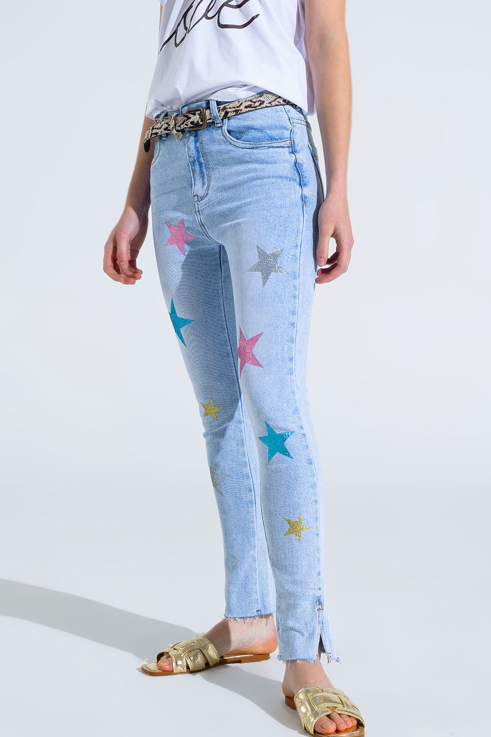 Light Wash Skinny Jeans With Stars On The Legs - Denim