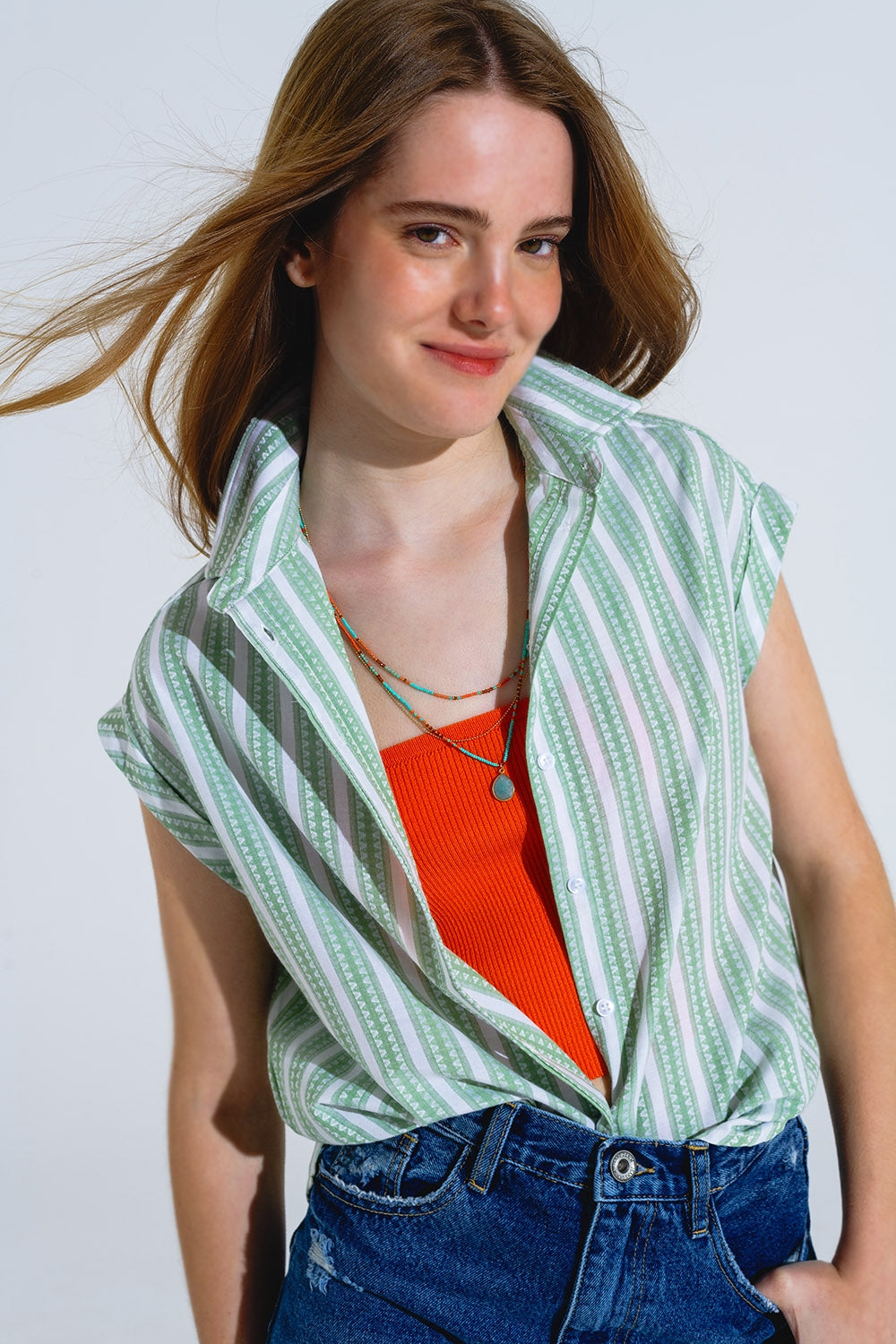 Green Blouse With Vertical Stripes And Short Sleeves - Shirts
