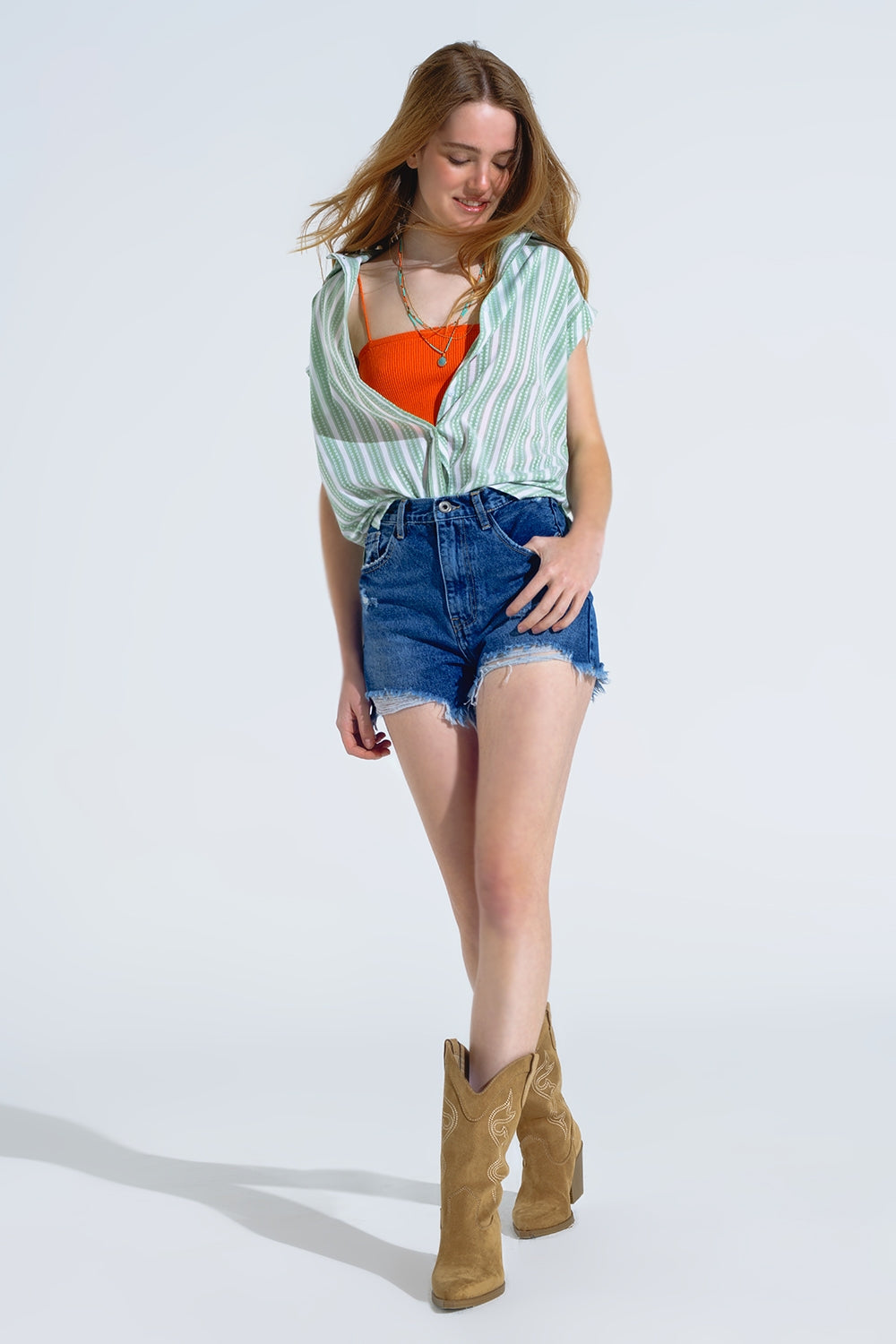 Green Blouse With Vertical Stripes And Short Sleeves - Shirts