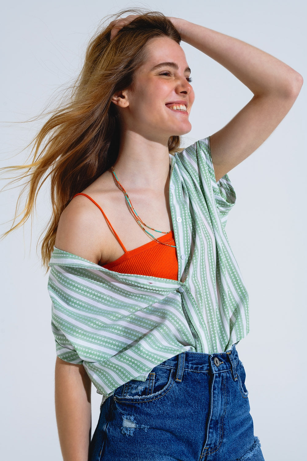 Green Blouse With Vertical Stripes And Short Sleeves - Shirts