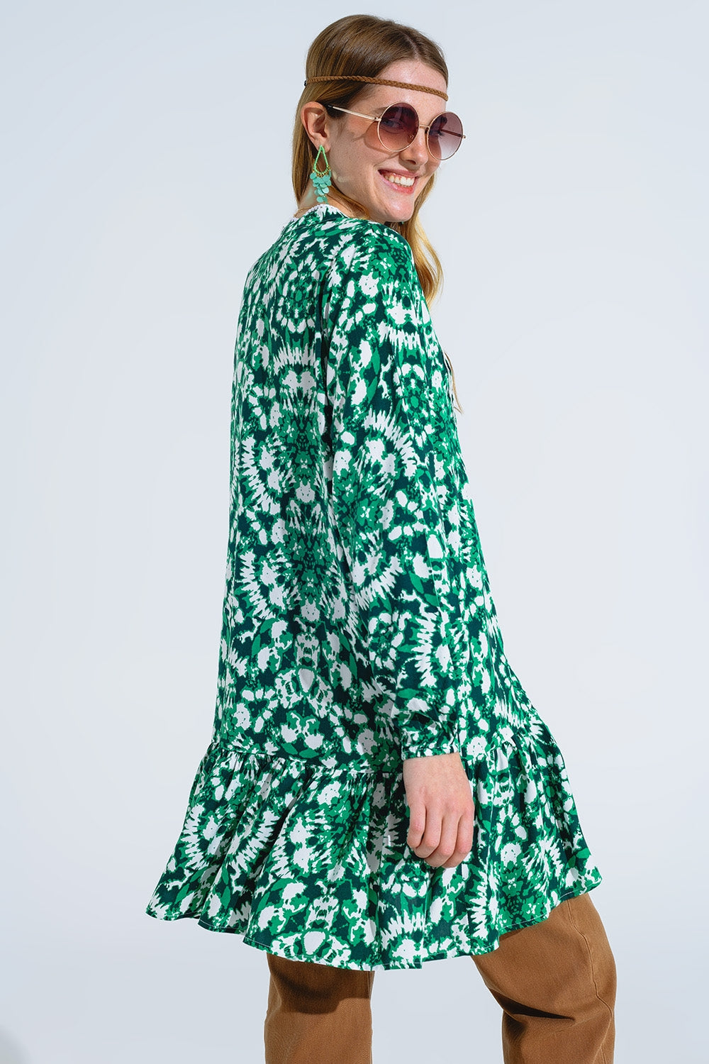 Tie Dye Print Short Dress With Long Sleeves And Lace Trim in Green - dress