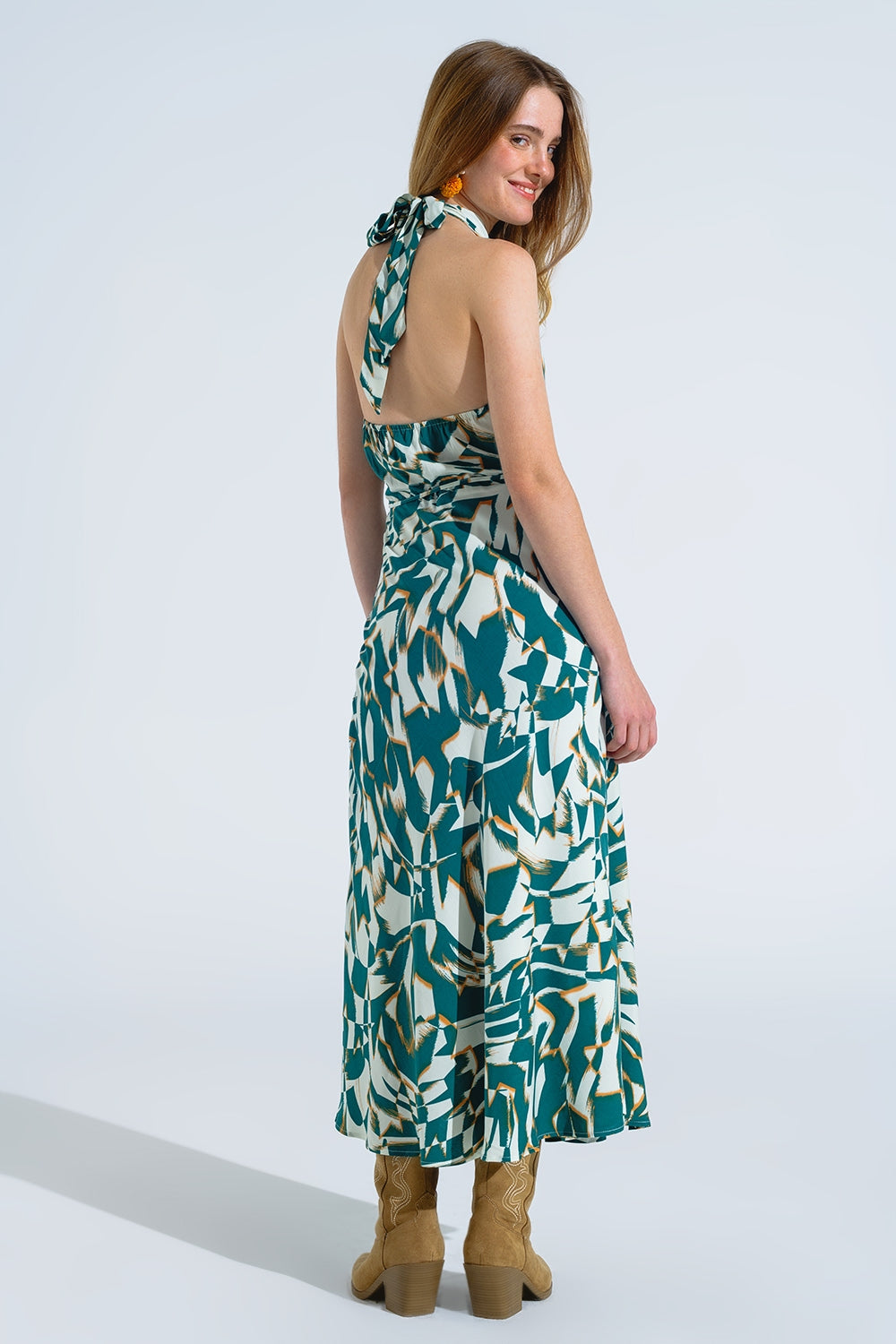 Halter Midi Dress with Cinched Waist In Abstract Green and White Print - dress