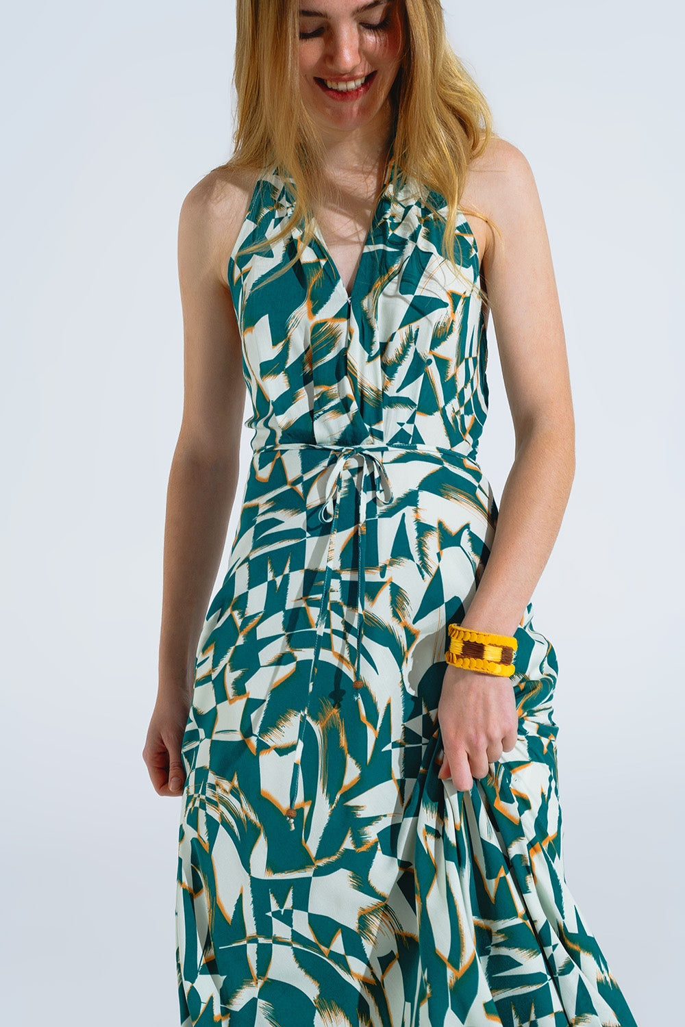 Halter Midi Dress with Cinched Waist In Abstract Green and White Print - dress