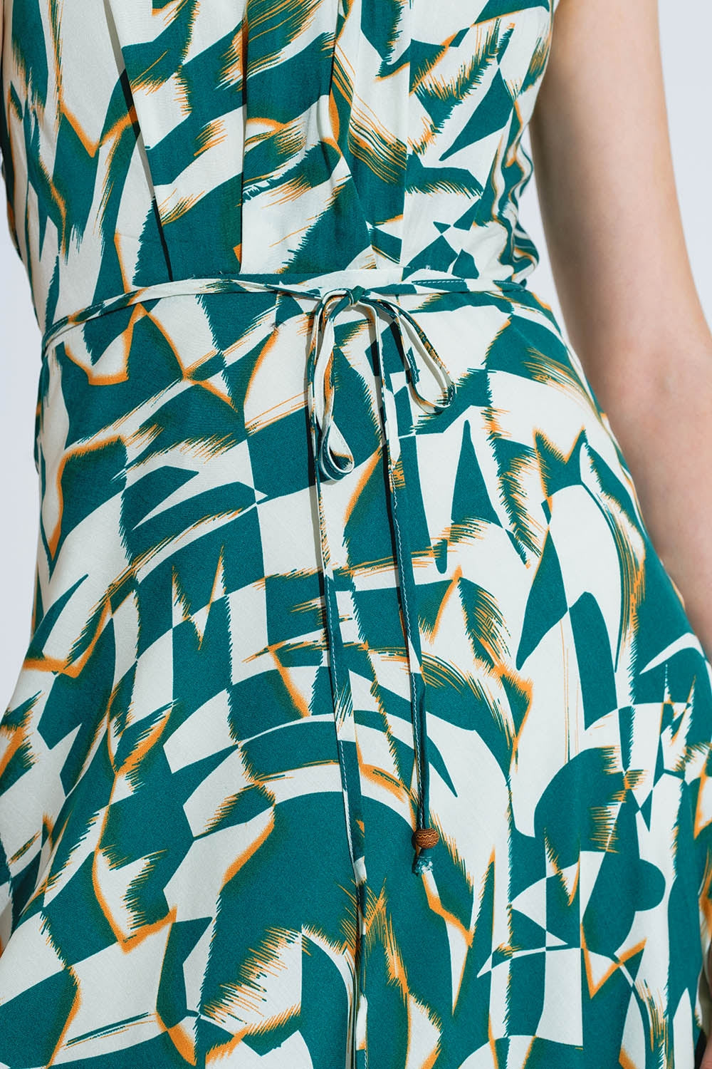 Halter Midi Dress with Cinched Waist In Abstract Green and White Print - dress