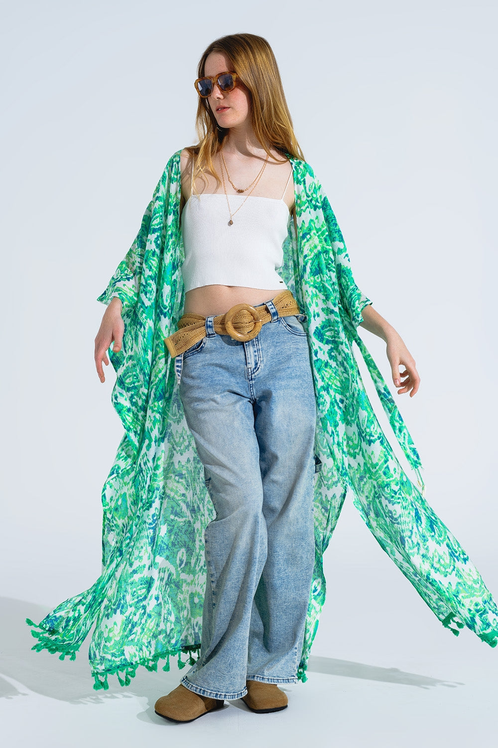 Green Long Kimono With Drawstring Closing in Tribal Print - kimono jacket