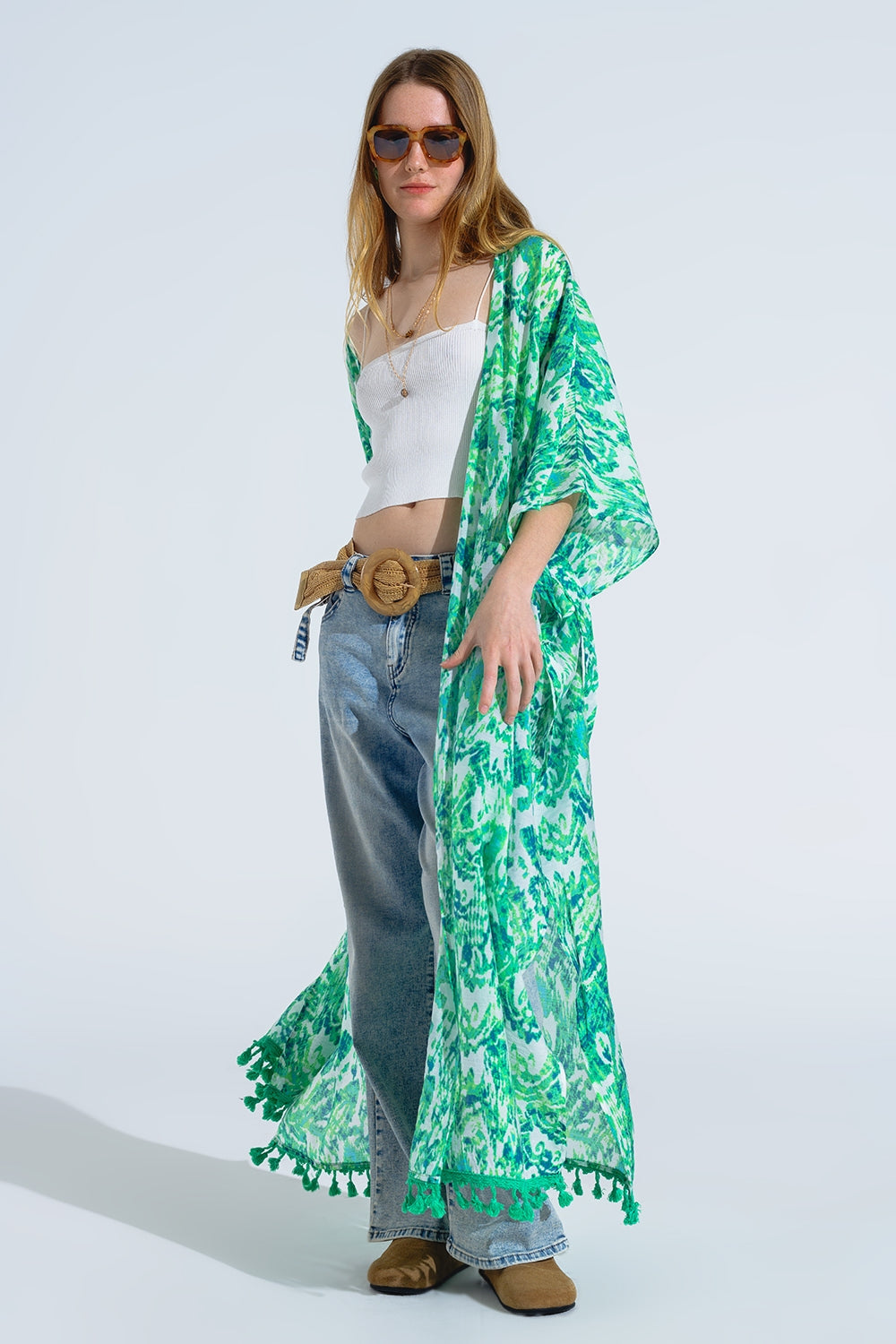 Green Long Kimono With Drawstring Closing in Tribal Print - kimono jacket