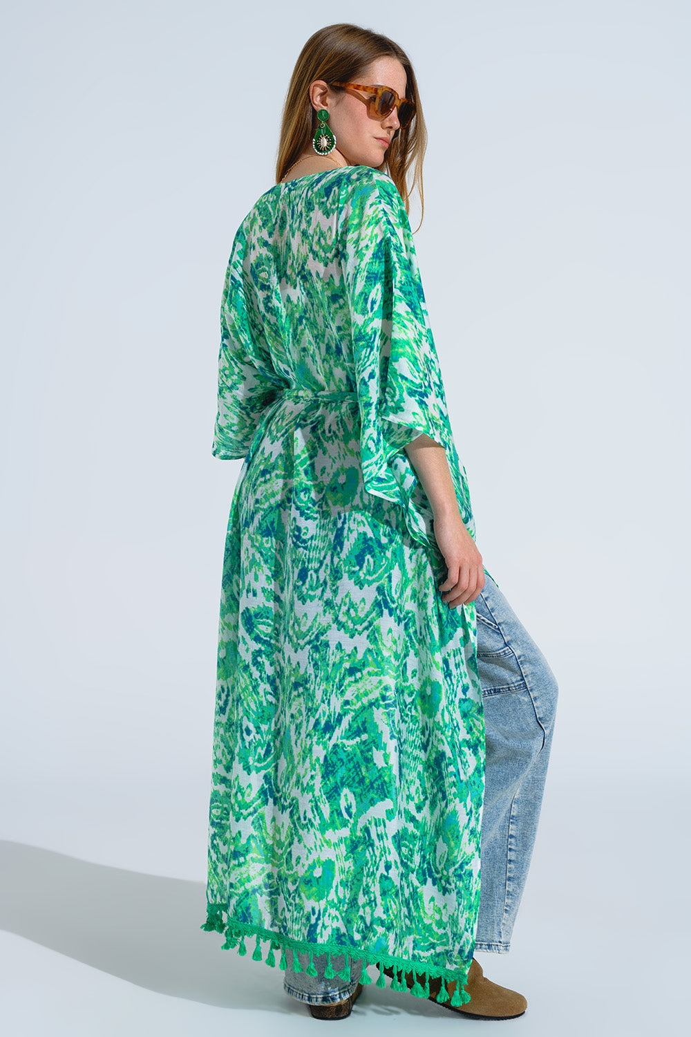 Green Long Kimono With Drawstring Closing in Tribal Print - kimono jacket